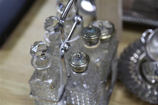 A silver sugar coaster, a specimen vase, a tortoiseshell tray and a quantity of silver plated items